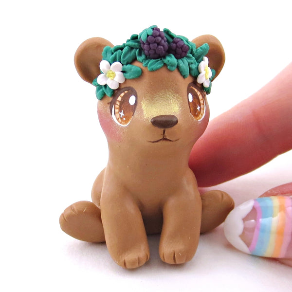 Blackberry Crown Bear Cub Figurine - Polymer Clay Animals Cottagecore Fruit Collection
