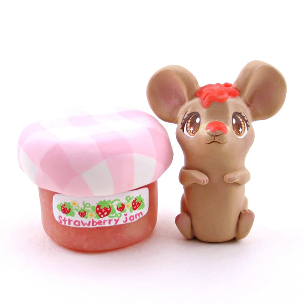 Strawberry Jam Jar Field Mouse Figurine - Polymer Clay Animals Cottagecore Fruit Collection