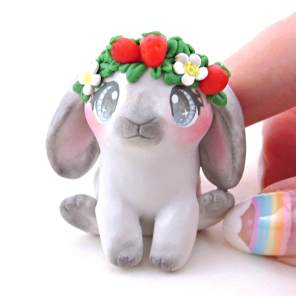 Strawberry Crown Bunny Figurine - Polymer Clay Animals Cottagecore Fruit Collection