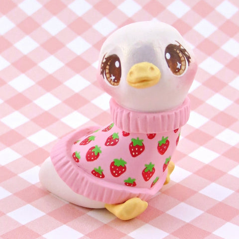 Strawberry Sweater Goose Figurine - Polymer Clay Animals Cottagecore Fruit Collection