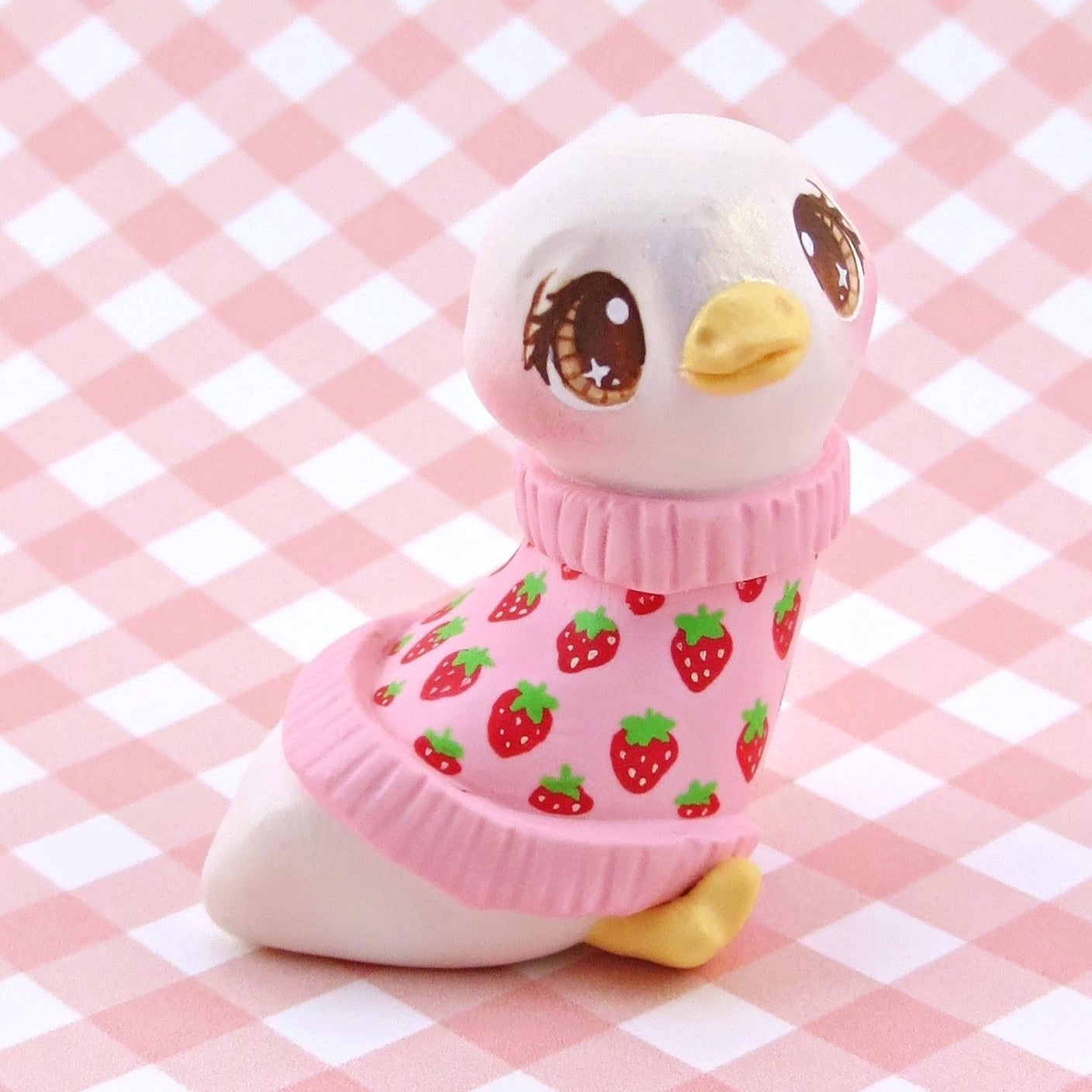 Strawberry Sweater Goose Figurine - Polymer Clay Animals Cottagecore Fruit Collection