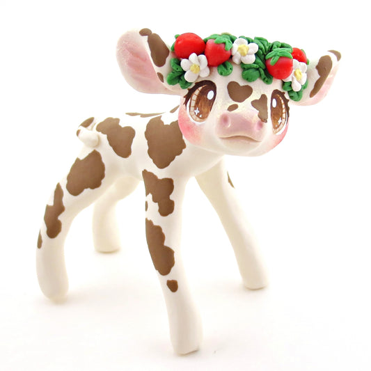Brown Spotted Strawberry Crown Holstein Cow Figurine - Polymer Clay Cottagecore Spring Animal Collection