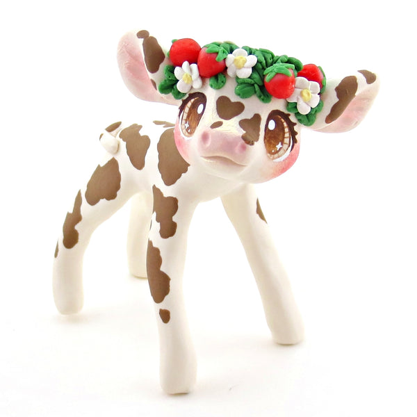 Brown Spotted Strawberry Crown Holstein Cow Figurine - Polymer Clay Cottagecore Spring Animal Collection
