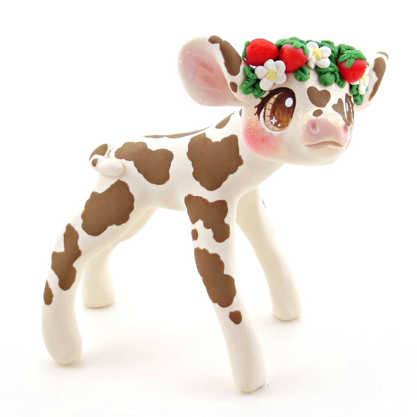 Brown Spotted Strawberry Crown Holstein Cow Figurine - Polymer Clay Cottagecore Spring Animal Collection