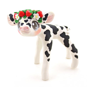 Black Spotted Strawberry Crown Holstein Cow Figurine - Polymer Clay Cottagecore Spring Animal Collection