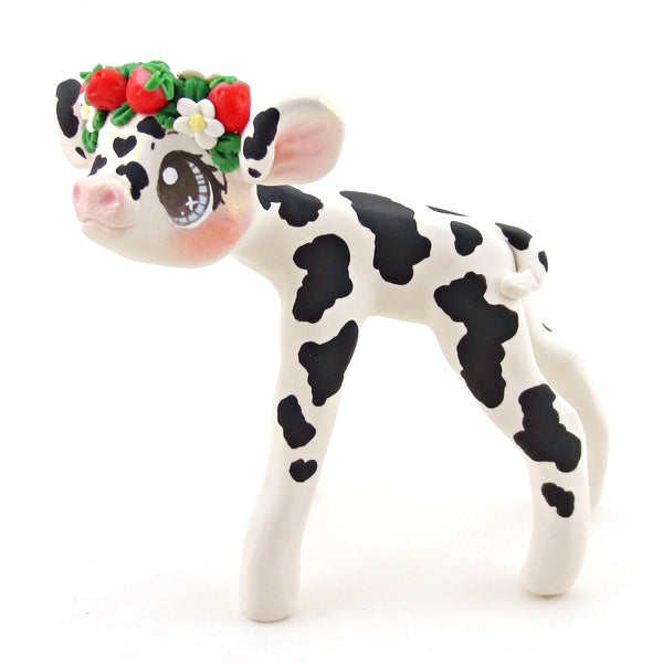 Black Spotted Strawberry Crown Holstein Cow Figurine - Polymer Clay Cottagecore Spring Animal Collection
