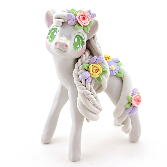 Floral Baby Grey Pony Figurine - Polymer Clay Cottagecore Spring Animal Collection