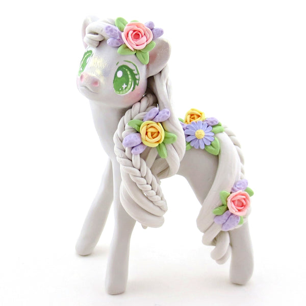 Floral Baby Grey Pony Figurine - Polymer Clay Cottagecore Spring Animal Collection