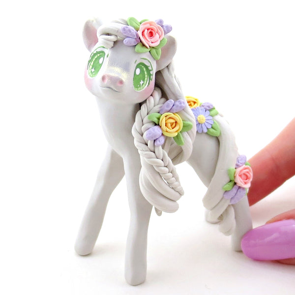 Floral Baby Grey Pony Figurine - Polymer Clay Cottagecore Spring Animal Collection