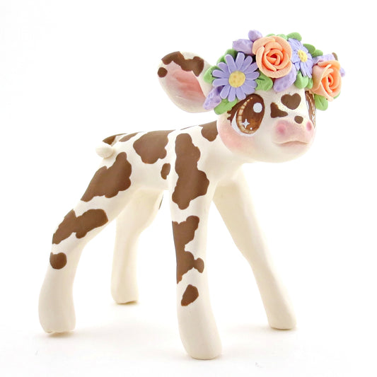 Spring Flower Crown Holstein Cow Figurine - Polymer Clay Cottagecore Spring Animal Collection