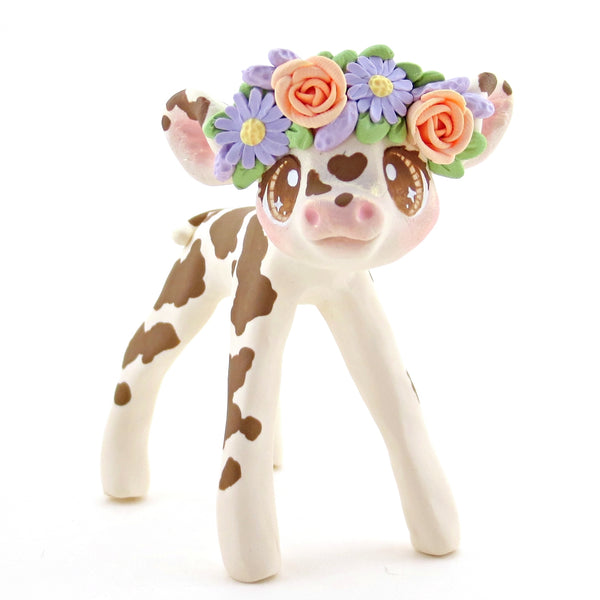 Spring Flower Crown Holstein Cow Figurine - Polymer Clay Cottagecore Spring Animal Collection
