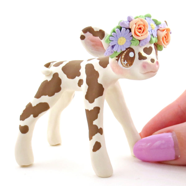 Spring Flower Crown Holstein Cow Figurine - Polymer Clay Cottagecore Spring Animal Collection