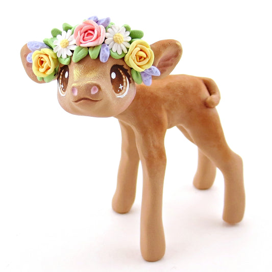 Spring Flower Crown Jersey Brown Cow Figurine - Polymer Clay Cottagecore Spring Animal Collection