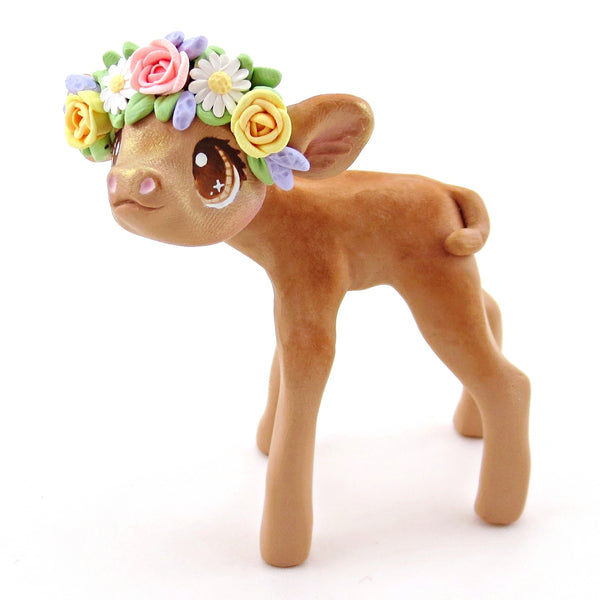 Spring Flower Crown Jersey Brown Cow Figurine - Polymer Clay Cottagecore Spring Animal Collection
