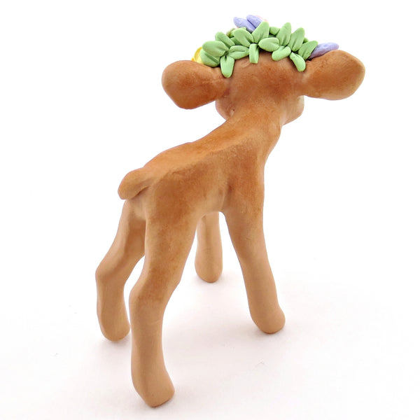 Spring Flower Crown Jersey Brown Cow Figurine - Polymer Clay Cottagecore Spring Animal Collection