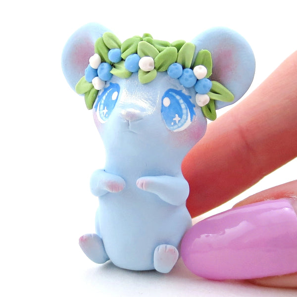 Blueberry Crown Mouse Figurine - Polymer Clay Cottagecore Spring Animal Collection