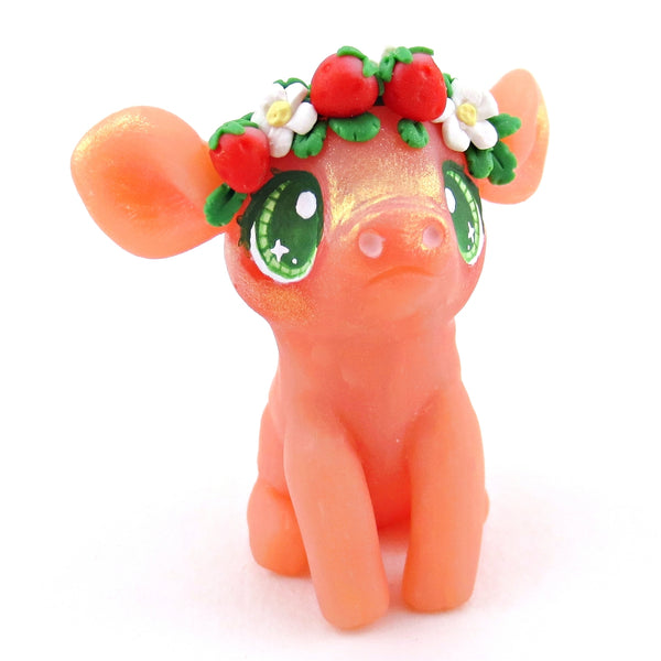 Strawberry Crown Piglet Figurine - Polymer Clay Cottagecore Spring Animal Collection