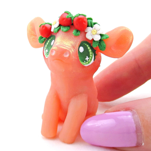 Strawberry Crown Piglet Figurine - Polymer Clay Cottagecore Spring Animal Collection