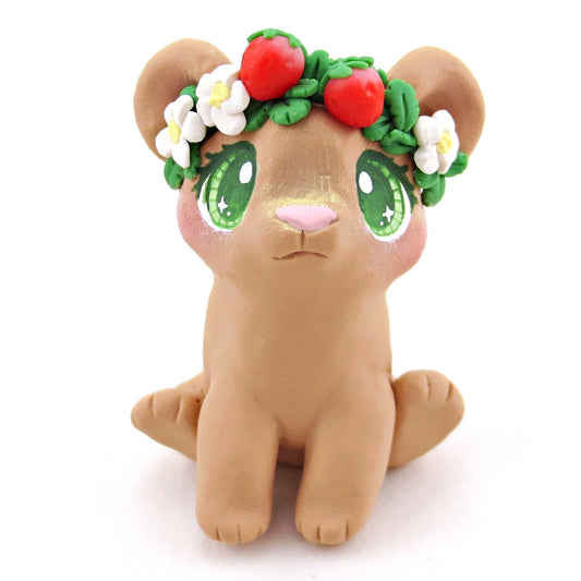Strawberry Crown Bear Cub Figurine - Polymer Clay Cottagecore Spring Animal Collection