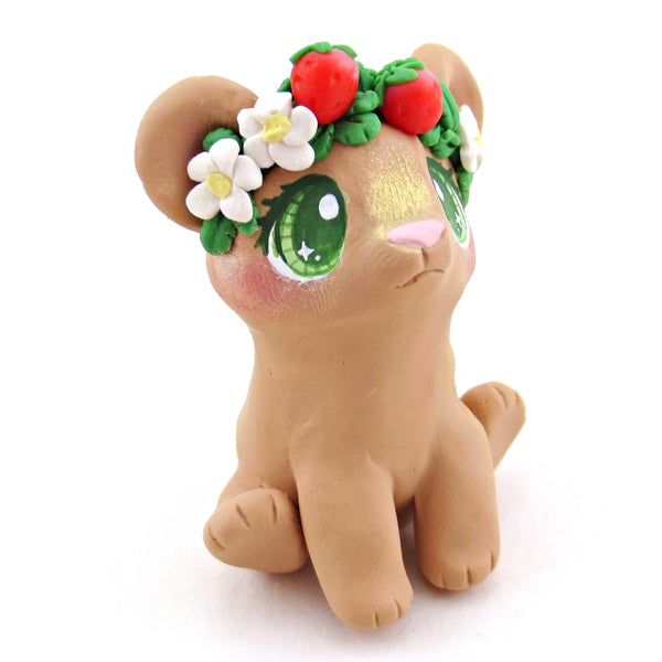 Strawberry Crown Bear Cub Figurine - Polymer Clay Cottagecore Spring Animal Collection