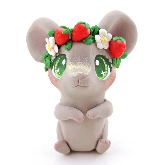 Strawberry Crown Mouse Figurine - Polymer Clay Cottagecore Spring Animal Collection