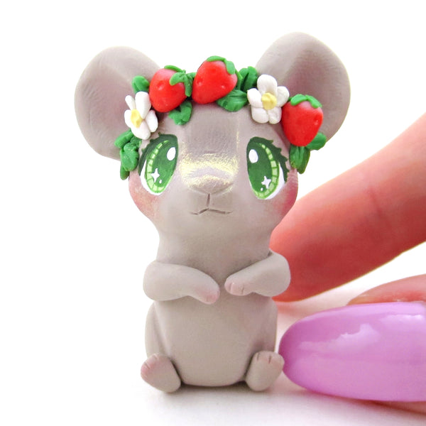 Strawberry Crown Mouse Figurine - Polymer Clay Cottagecore Spring Animal Collection