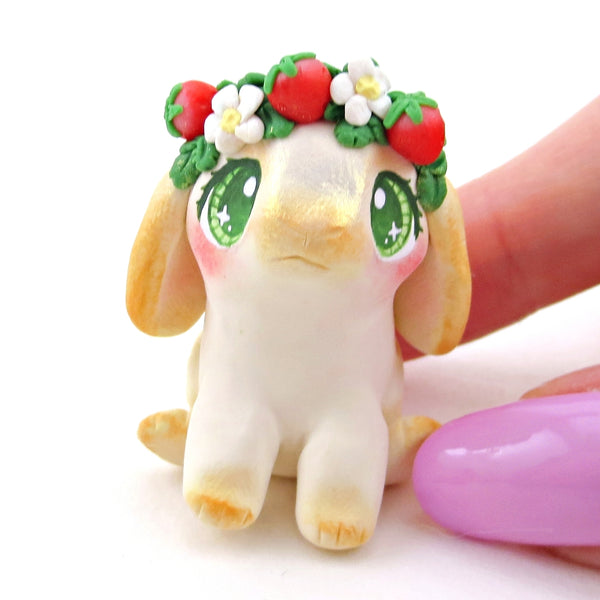 Strawberry Crown Holland Lop Bunny Figurine - Polymer Clay Cottagecore Spring Animal Collection