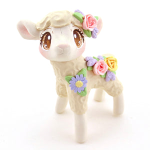 Floral Cream Lamb Figurine - Polymer Clay Cottagecore Spring Animal Collection