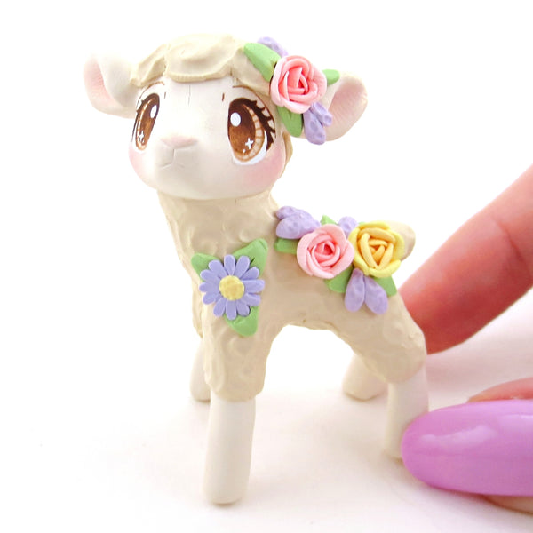 Floral Cream Lamb Figurine - Polymer Clay Cottagecore Spring Animal Collection