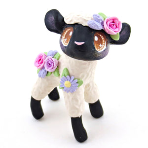 Floral Cream and Black Lamb Figurine - Polymer Clay Cottagecore Spring Animal Collection
