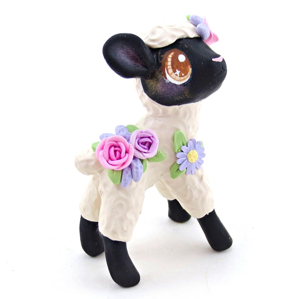 Floral Cream and Black Lamb Figurine - Polymer Clay Cottagecore Spring Animal Collection