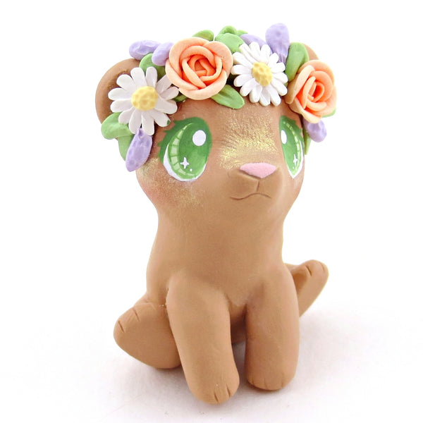 Flower Crown Bear Cub Figurine - Polymer Clay Cottagecore Spring Animal Collection