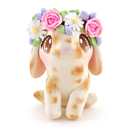 Flower Crown Spotted Holland Lop Figurine - Polymer Clay Cottagecore Spring Animal Collection