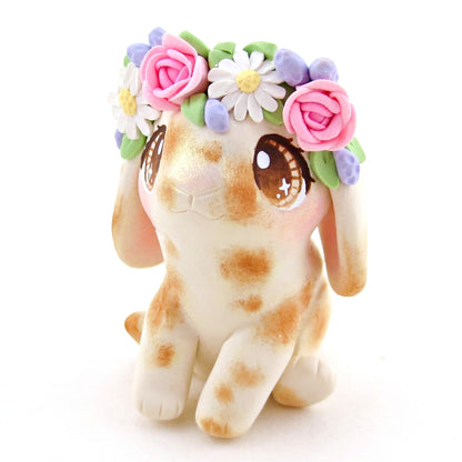 Flower Crown Spotted Holland Lop Figurine - Polymer Clay Cottagecore Spring Animal Collection