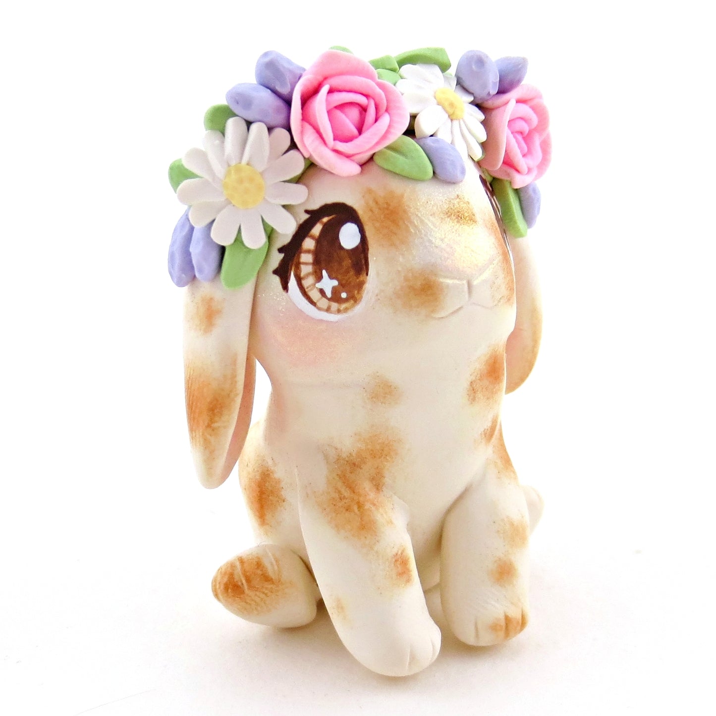 Flower Crown Spotted Holland Lop Figurine - Polymer Clay Cottagecore Spring Animal Collection