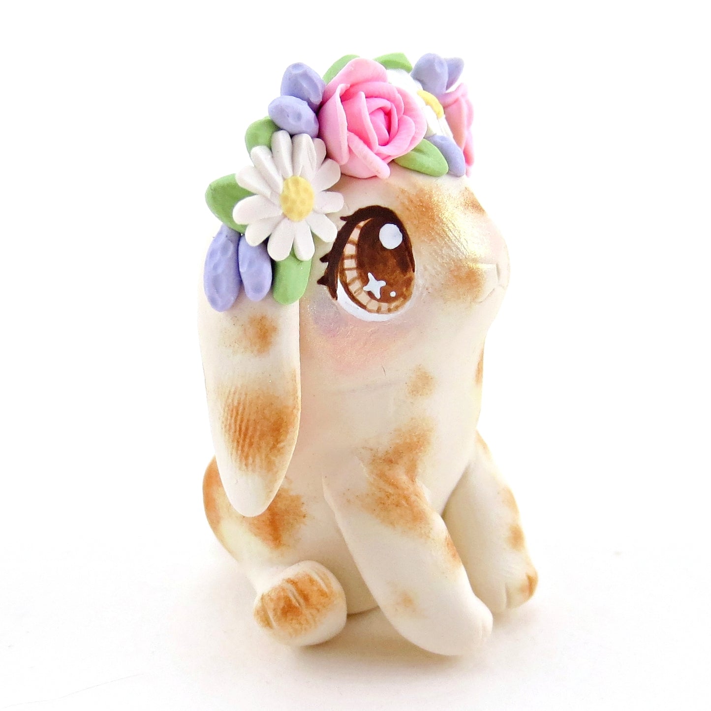 Flower Crown Spotted Holland Lop Figurine - Polymer Clay Cottagecore Spring Animal Collection