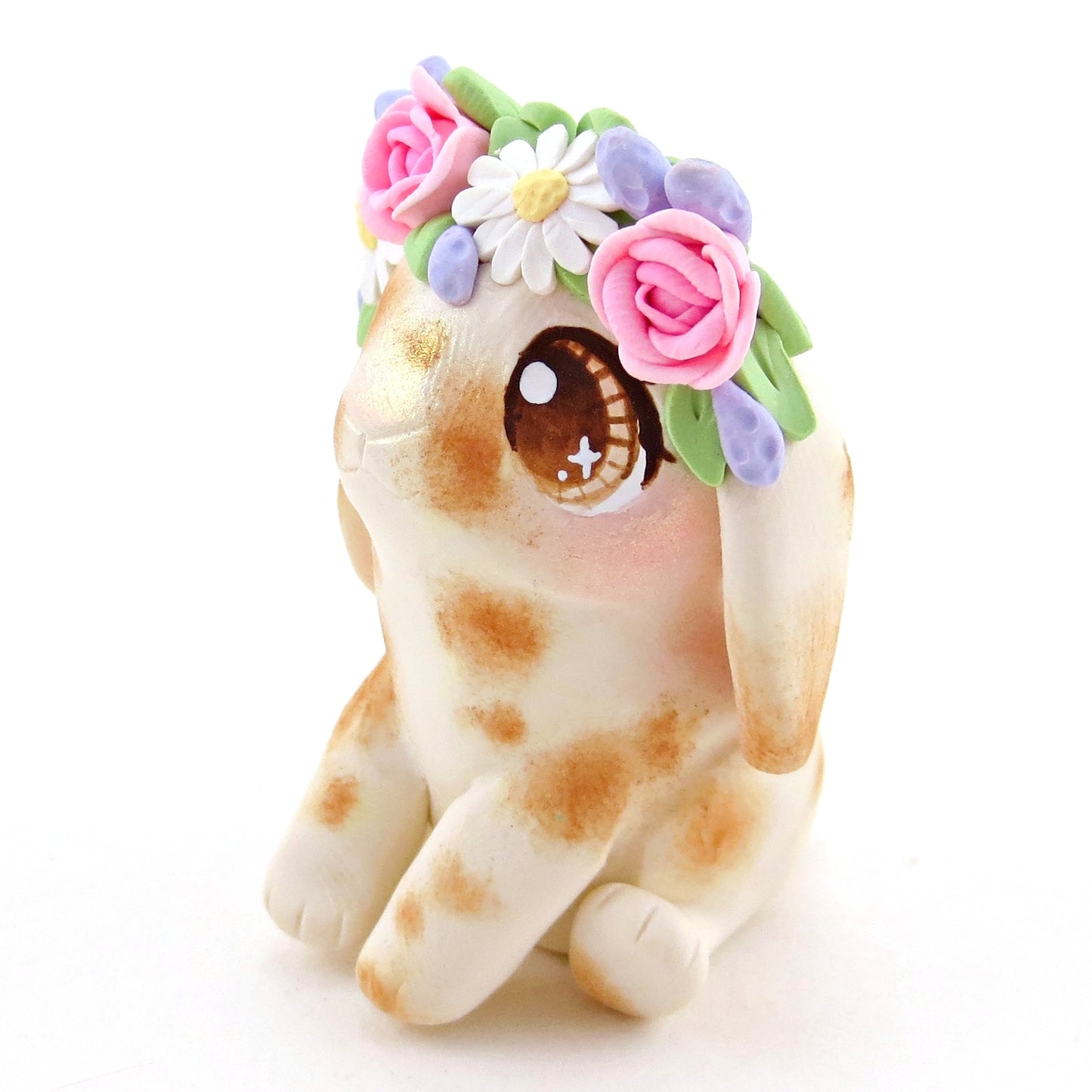 Flower Crown Spotted Holland Lop Figurine - Polymer Clay Cottagecore Spring Animal Collection