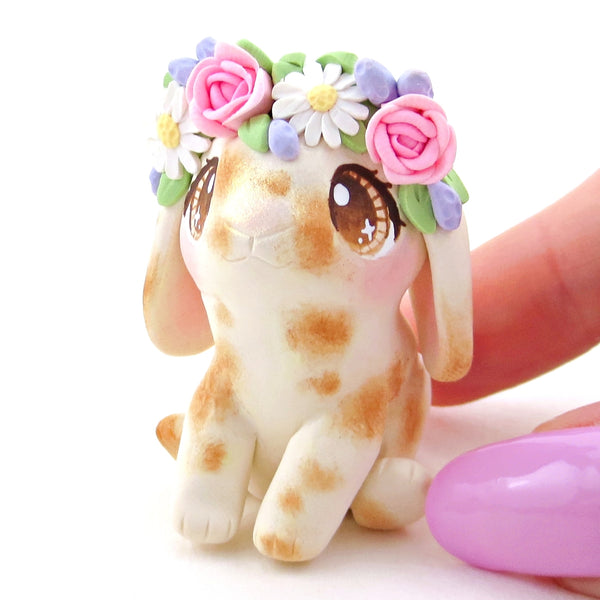 Flower Crown Spotted Holland Lop Figurine - Polymer Clay Cottagecore Spring Animal Collection
