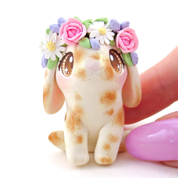 Flower Crown Spotted Holland Lop Figurine - Polymer Clay Cottagecore Spring Animal Collection