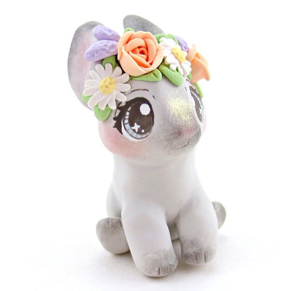 Flower Crown Grey Netherland Dwarf Rabbit Bunny Figurine - Polymer Clay Cottagecore Spring Animal Collection
