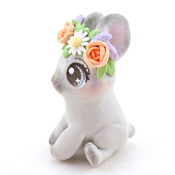 Flower Crown Grey Netherland Dwarf Rabbit Bunny Figurine - Polymer Clay Cottagecore Spring Animal Collection