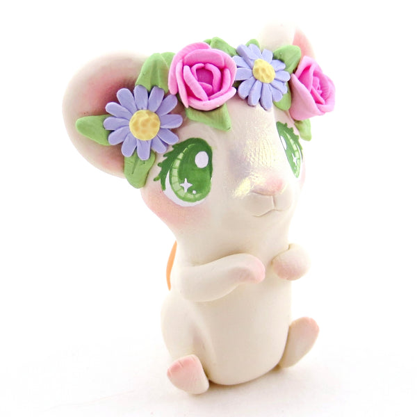 Flower Crown White Mouse Figurine - Polymer Clay Cottagecore Spring Animal Collection