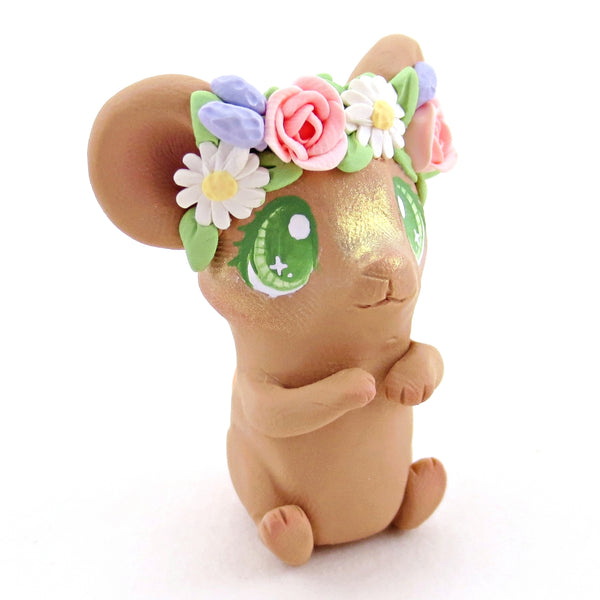 Flower Crown Field Mouse Figurine - Polymer Clay Cottagecore Spring Animal Collection