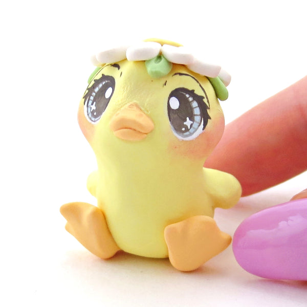 Flower Daisy Hat Duckling Figurine - Polymer Clay Cottagecore Spring Animal Collection