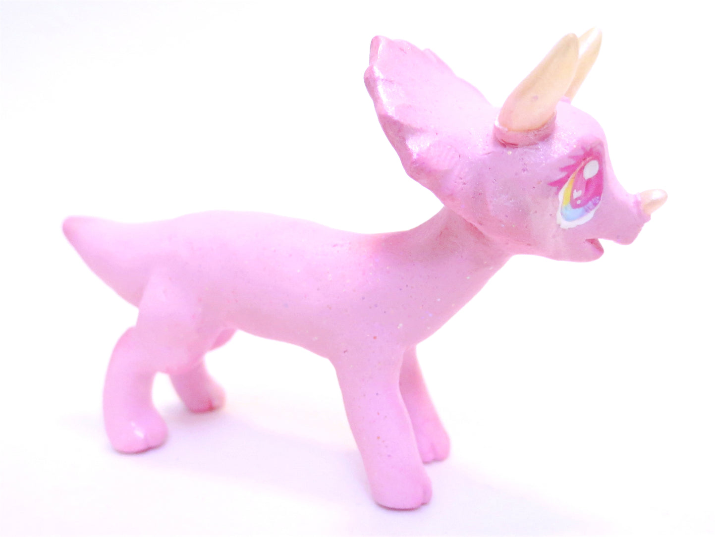 Pink Glitter Triceratops Figurine - Polymer Clay Dinosaur with Kawaii Eyes