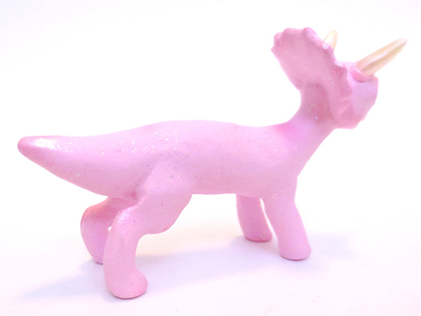 Pink Glitter Triceratops Figurine - Polymer Clay Dinosaur with Kawaii Eyes