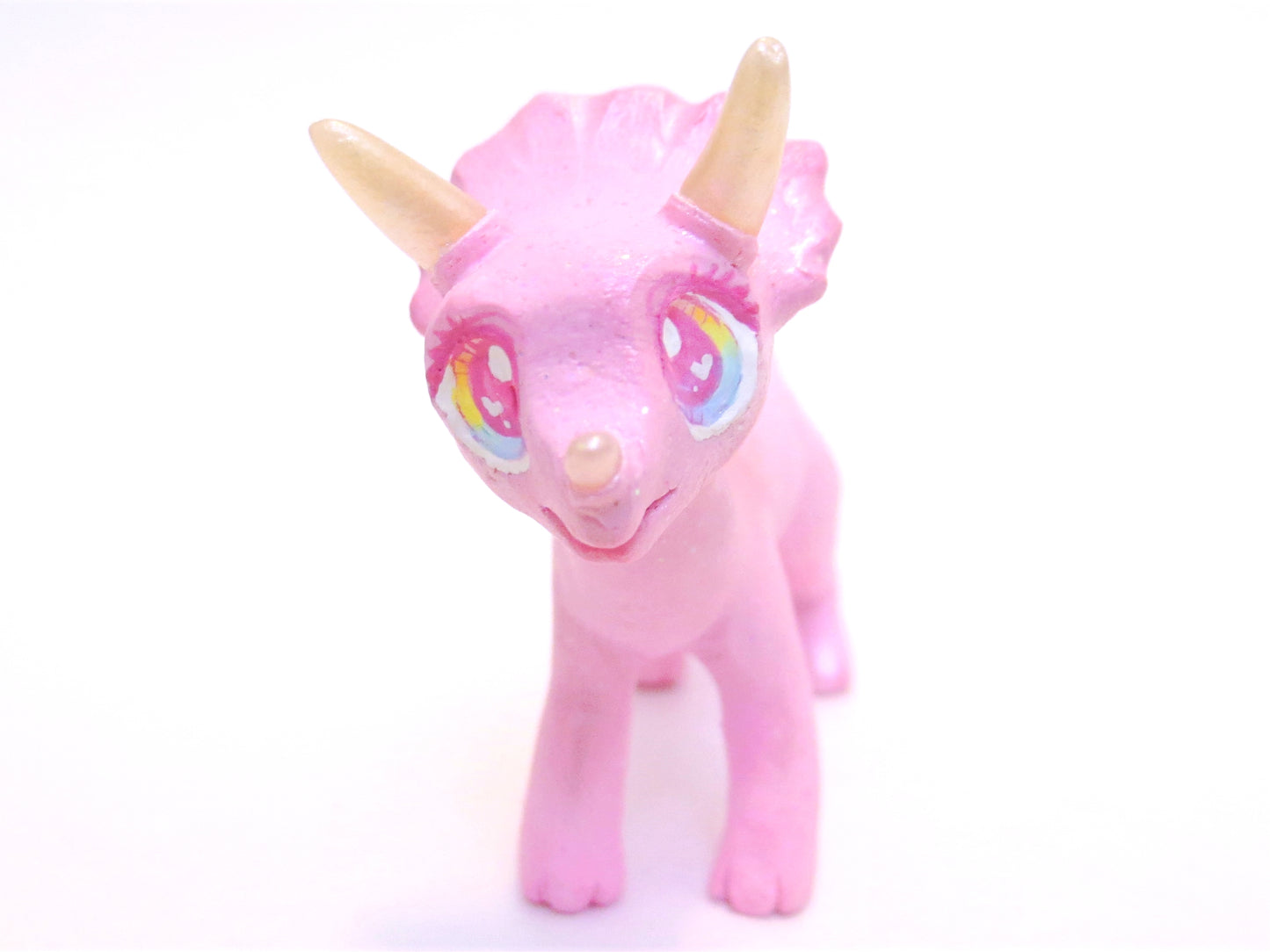 Pink Glitter Triceratops Figurine - Polymer Clay Dinosaur with Kawaii Eyes