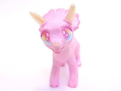 Pink Glitter Triceratops Figurine - Polymer Clay Dinosaur with Kawaii Eyes