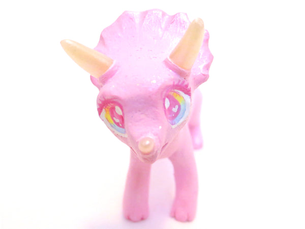 Pink Glitter Triceratops Figurine - Polymer Clay Dinosaur with Kawaii Eyes