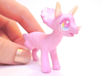 Pink Glitter Triceratops Figurine - Polymer Clay Dinosaur with Kawaii Eyes